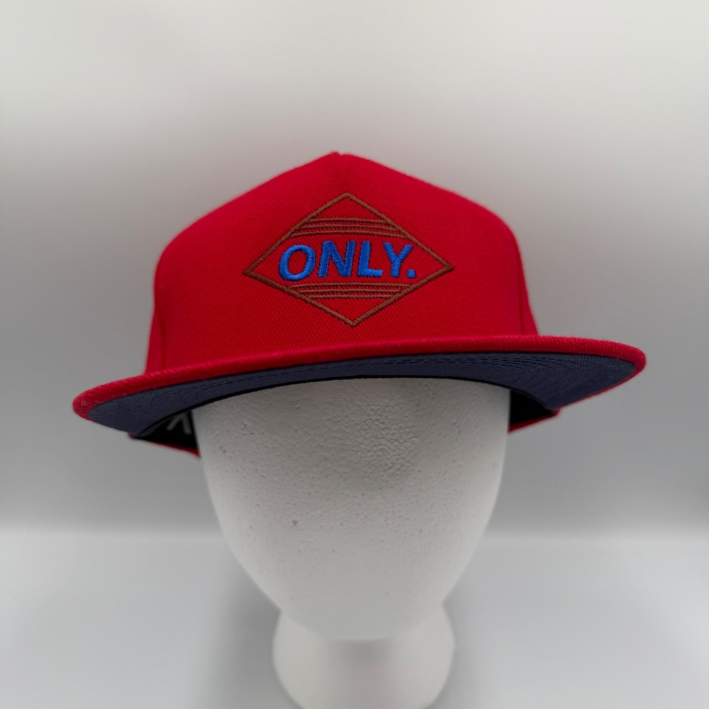 Only NY Mens Red Snapback Hat Diamond Logo Leather Strap Navy Underbrim Cap NWOT